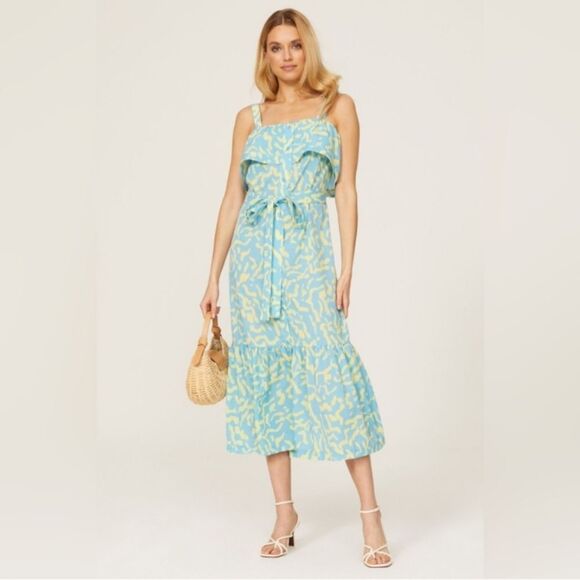 Derek Lam Collective  RTR blue & yellow Scribble Tie Tiered Midi Dress size 42/6 - Picture 1 of 6